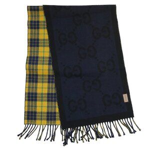 NWOT Gucci GG Logo Tartan Plaid Scarf Womens Mens Navy Blue Yellow Wool Fringe